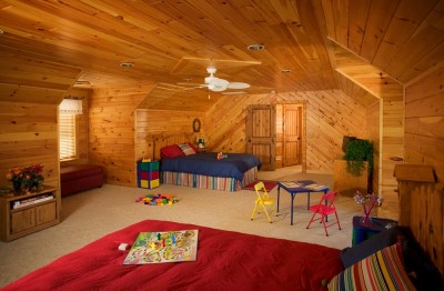 Whimsical birdhouses on the grandchildrens' beds