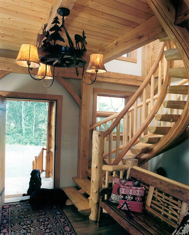 handcrafted half round log staircase