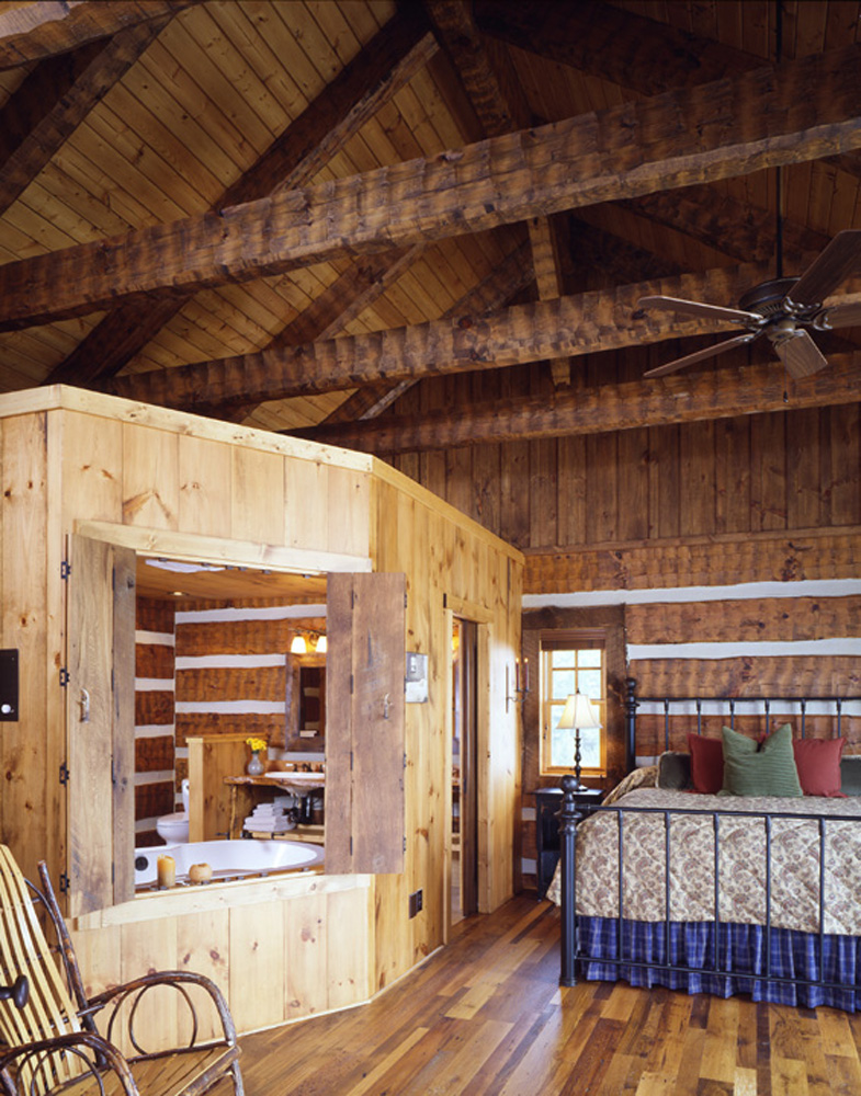 log and timber bedroom and bathroom