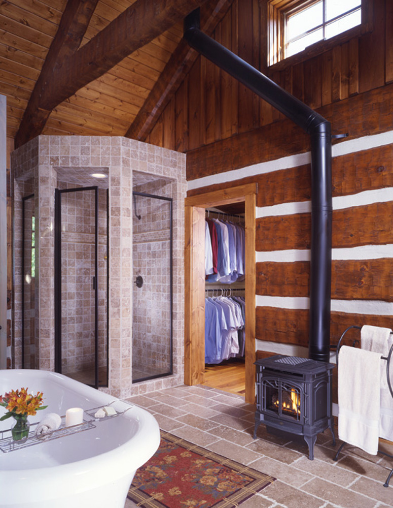 bathroom with wood stove