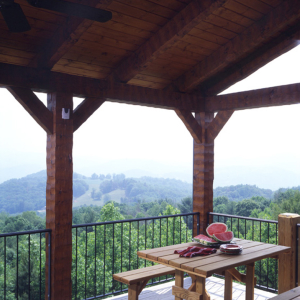 Outdoor space log timber frame hybrid lodge home, NC