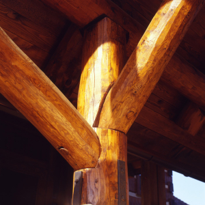 Round log joinery detail, luxury estate home