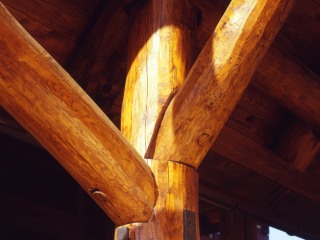 Round log joinery detail, luxury estate home