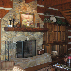 Fireplace log timber frame home nc