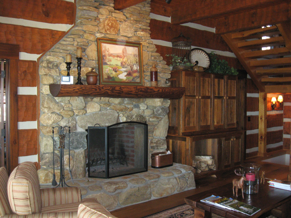 Fireplace log timber frame home nc