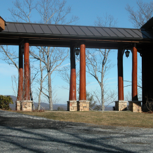 Timber Frame breezeway with flared butt cedar posts